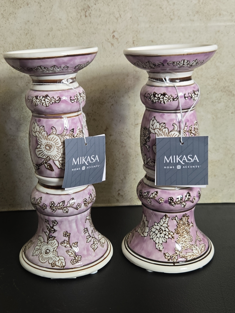 Mikasa Lavender Floral Ceramic Candlestick Pair